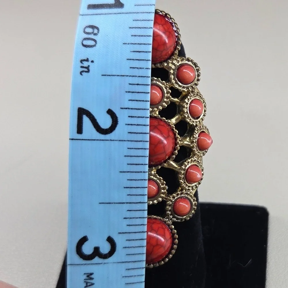 Boho Red Faux Coral Stone Statement Ring Gold Tone Textured Shield Size 7